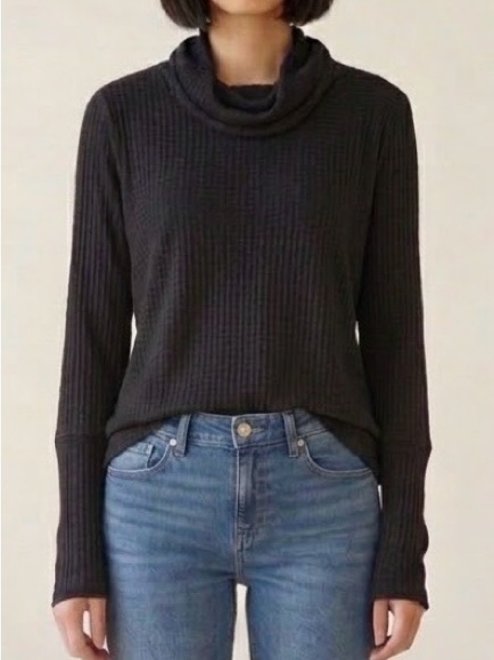 We The Free Free People Black Waffle Knit Cowl Neck High Low Tunic Sweater M EUC